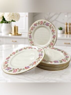 Castleton Fantasy Salad Plates 8 3/8” Floral Gold Trim USA Set of 8 Vintage Mint